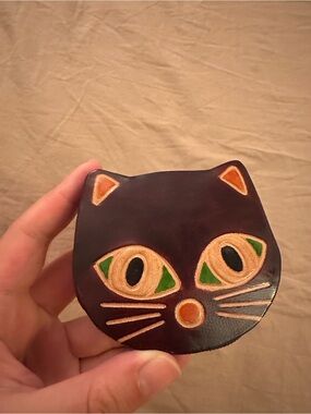 Cat Face Leather Toy - Brown Cat Design with Green Eyes
